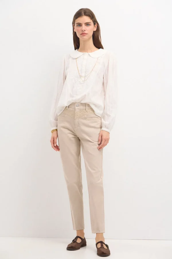 Outlet Coral. Camisa pechera bordada. Mujer Blusas Y Camisas