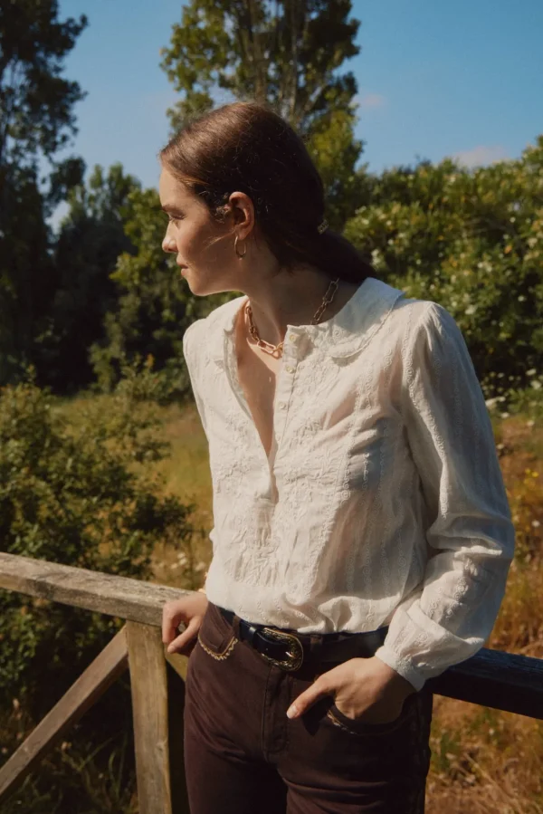 Outlet Coral. Camisa pechera bordada. Mujer Blusas Y Camisas