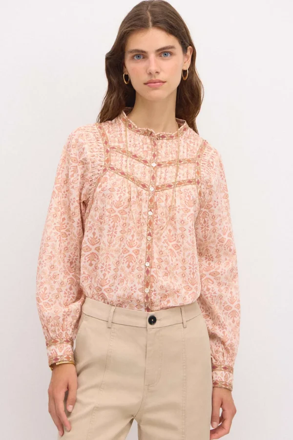 Fashion Ramona. Blusa estampada tiras bordadas. Mujer Blusas Y Camisas